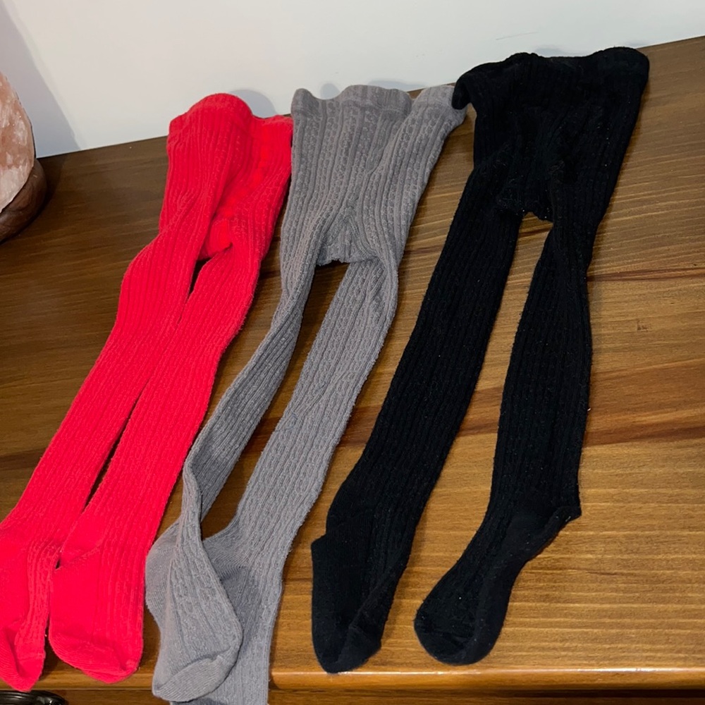 EUC Hudson Baby bundle of 3 cotton cable knit tights red, gray & black 18-24 mo
